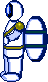 A small astronaut sprite, the backpack is a rocket and there are some blue reflective lights on the person